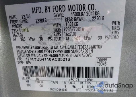 2006 Ford Escape Limited from USA, damaged, VIN 1FMYU04116KC05216